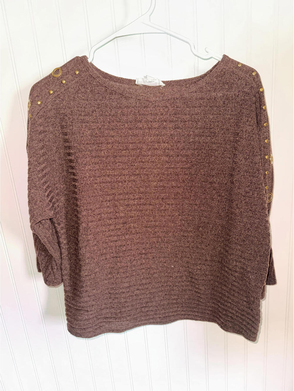 Parallel Skies Brown Ribbed Knit Sweater with Gold Studs and